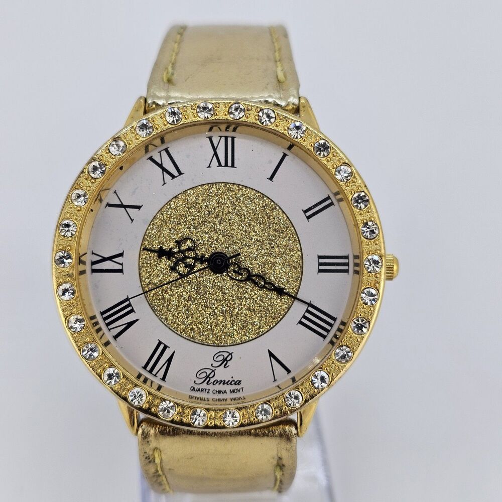 Ronica Women Watch 42MM Roman Numerals White Dial Gold Leather Bands New Battery